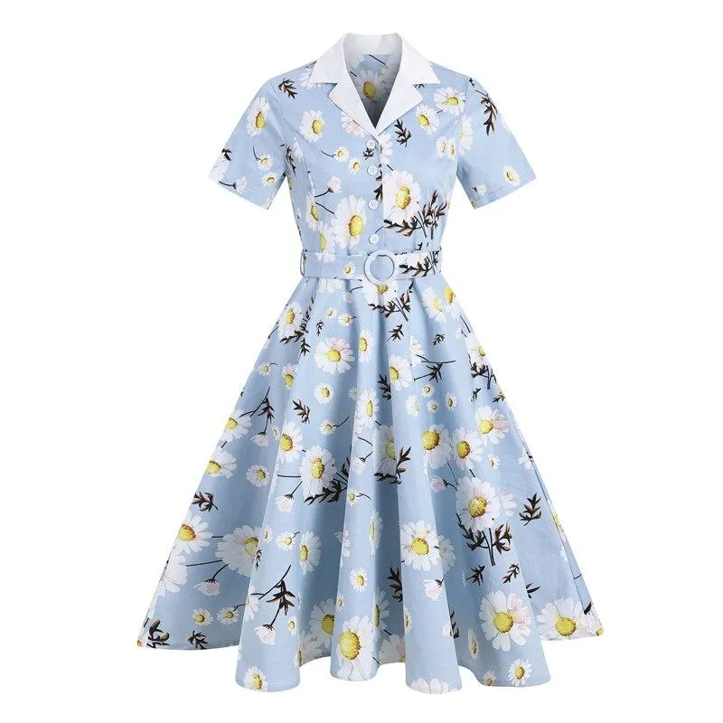 2021 Notched Collar Daisy Elegant Women 1950s Vintage Belted Midi Dress Short Sleeve Button Front Ladies Floral Swing Dresses