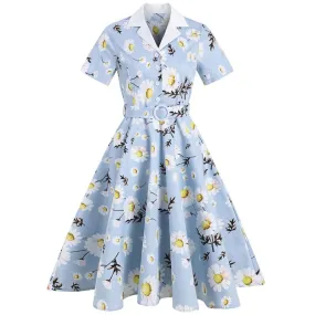 2021 Notched Collar Daisy Elegant Women 1950s Vintage Belted Midi Dress Short Sleeve Button Front Ladies Floral Swing Dresses