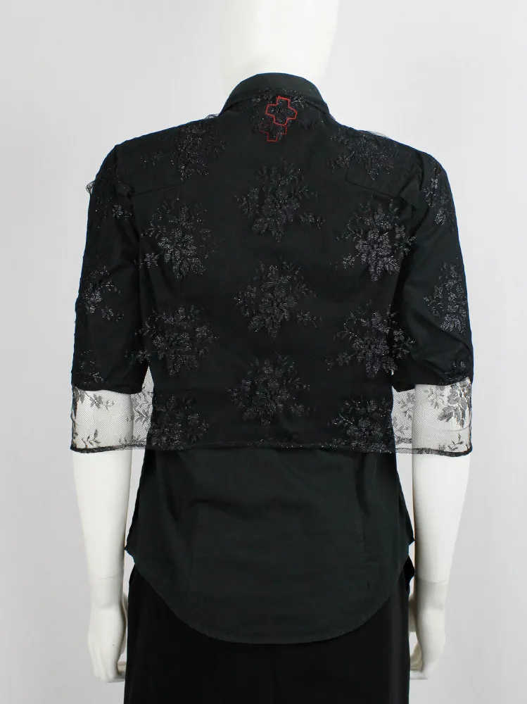 A.F. Vandevorst black sheer capelet in floral lace with corset hooks — spring 1999