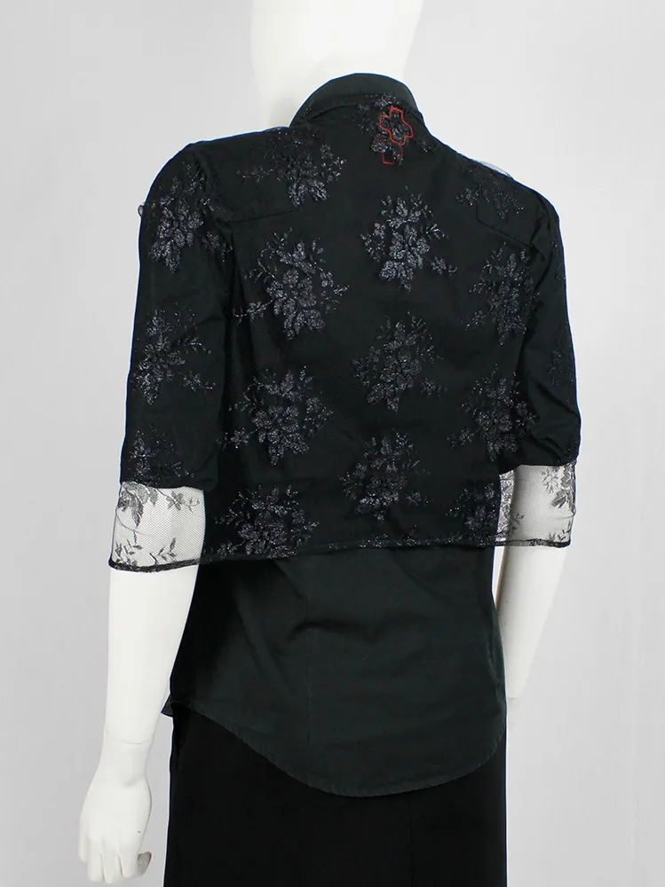 A.F. Vandevorst black sheer capelet in floral lace with corset hooks — spring 1999