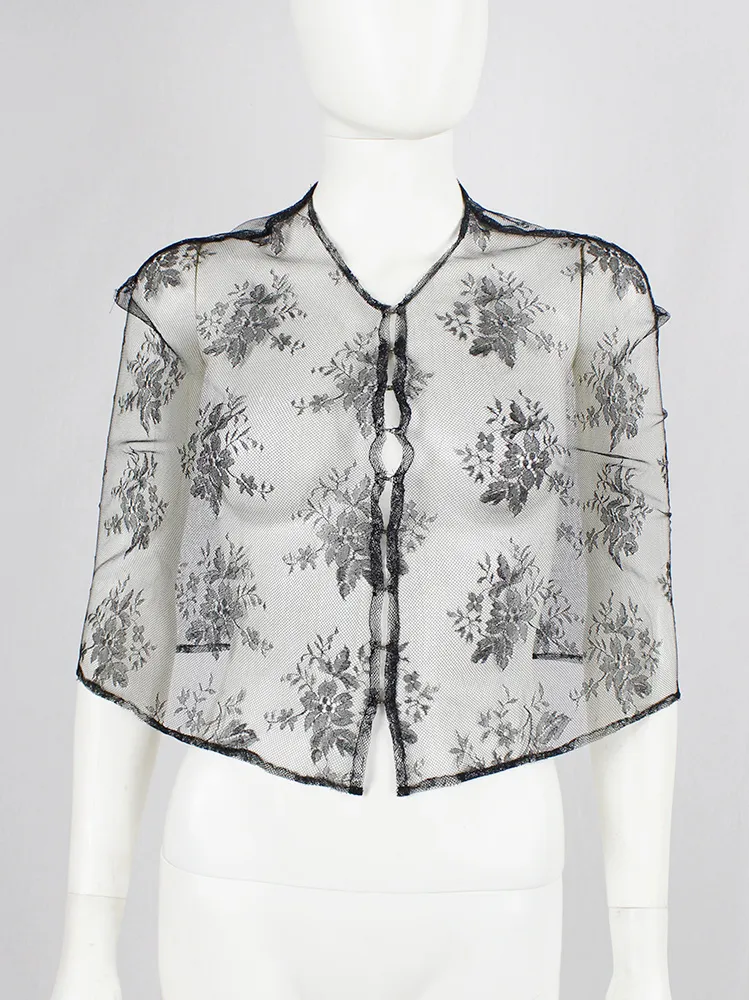 A.F. Vandevorst black sheer capelet in floral lace with corset hooks — spring 1999