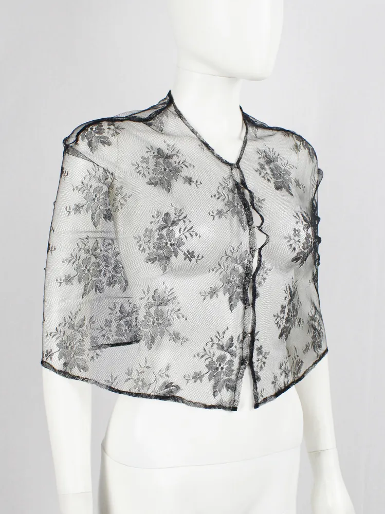 A.F. Vandevorst black sheer capelet in floral lace with corset hooks — spring 1999