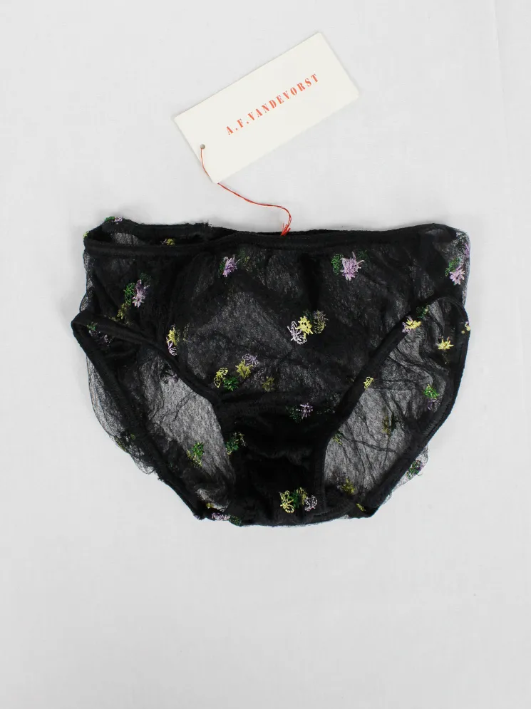 A.F. Vandevorst black sheer double layered briefs with embroidered flowers — spring 1999