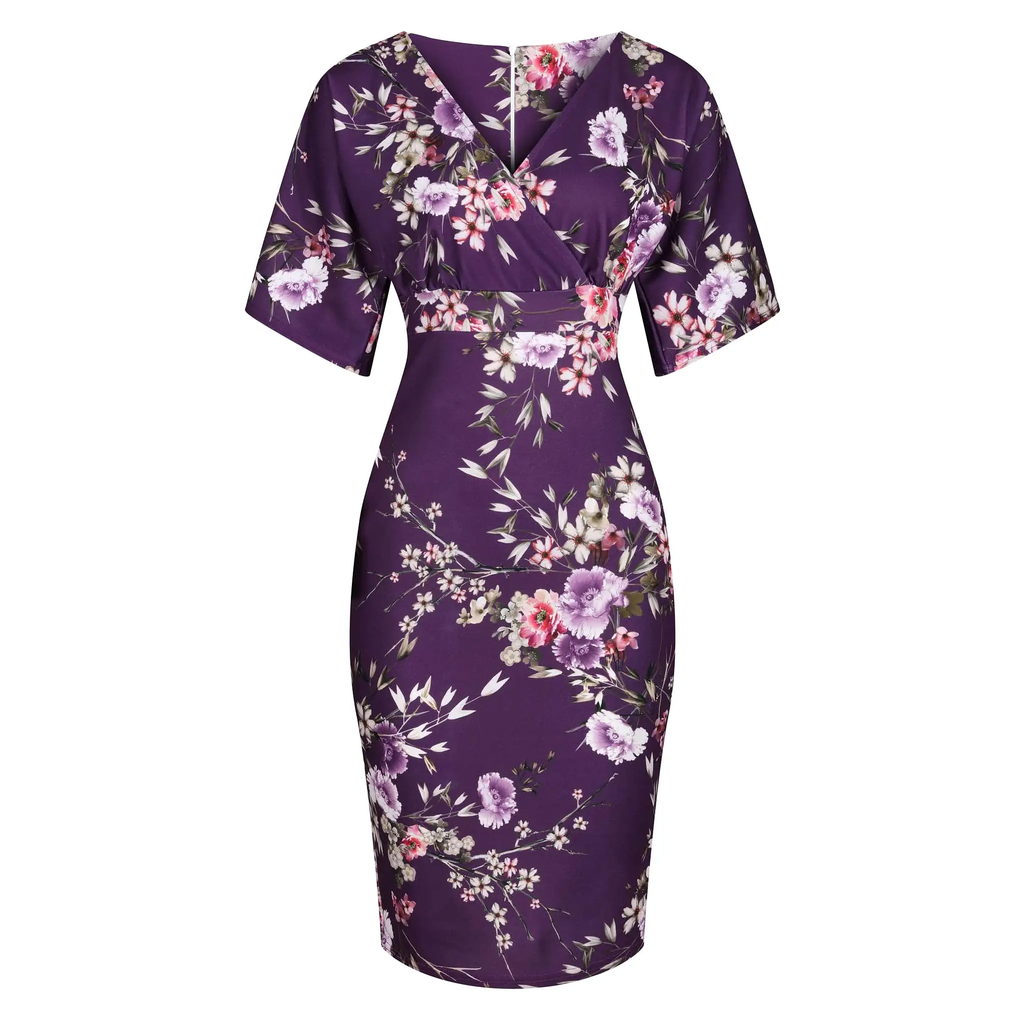 Aubergine Floral Half Batwing Sleeve Crossover Top Pencil Dress