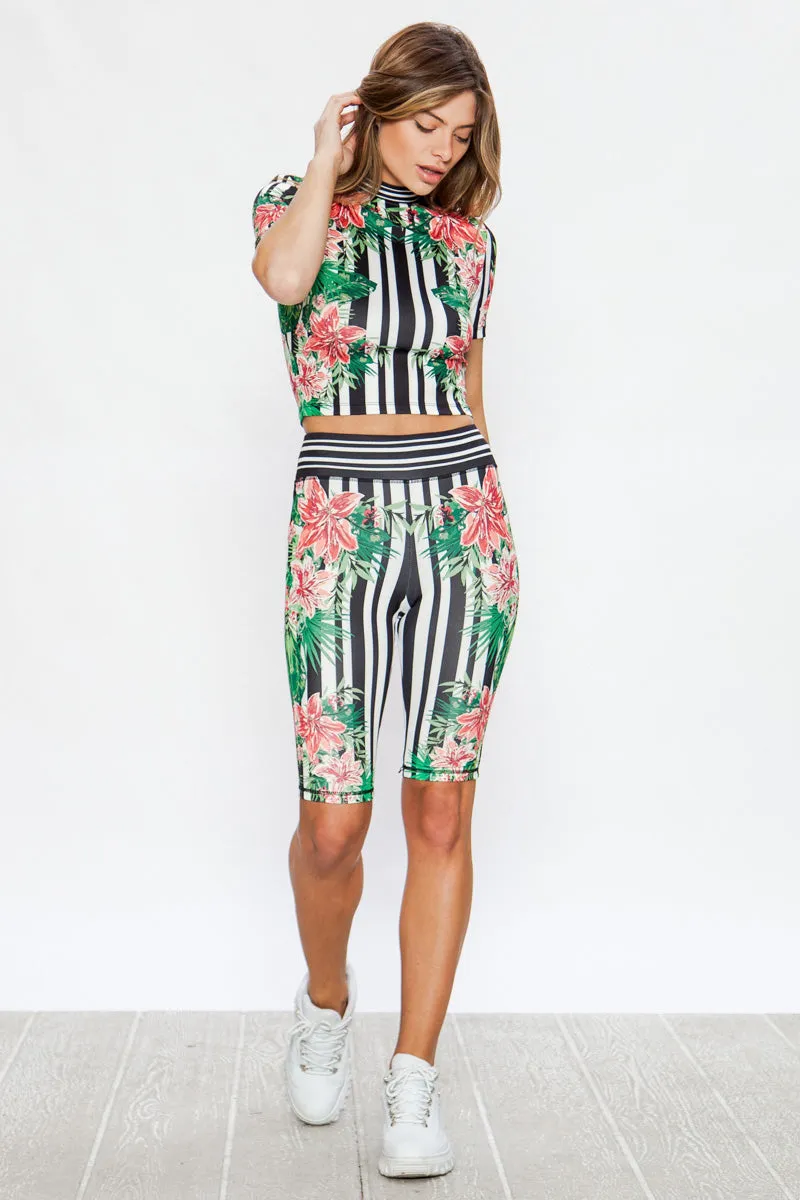 Black Tropical Striped Top And Biker Short Matching Set Print