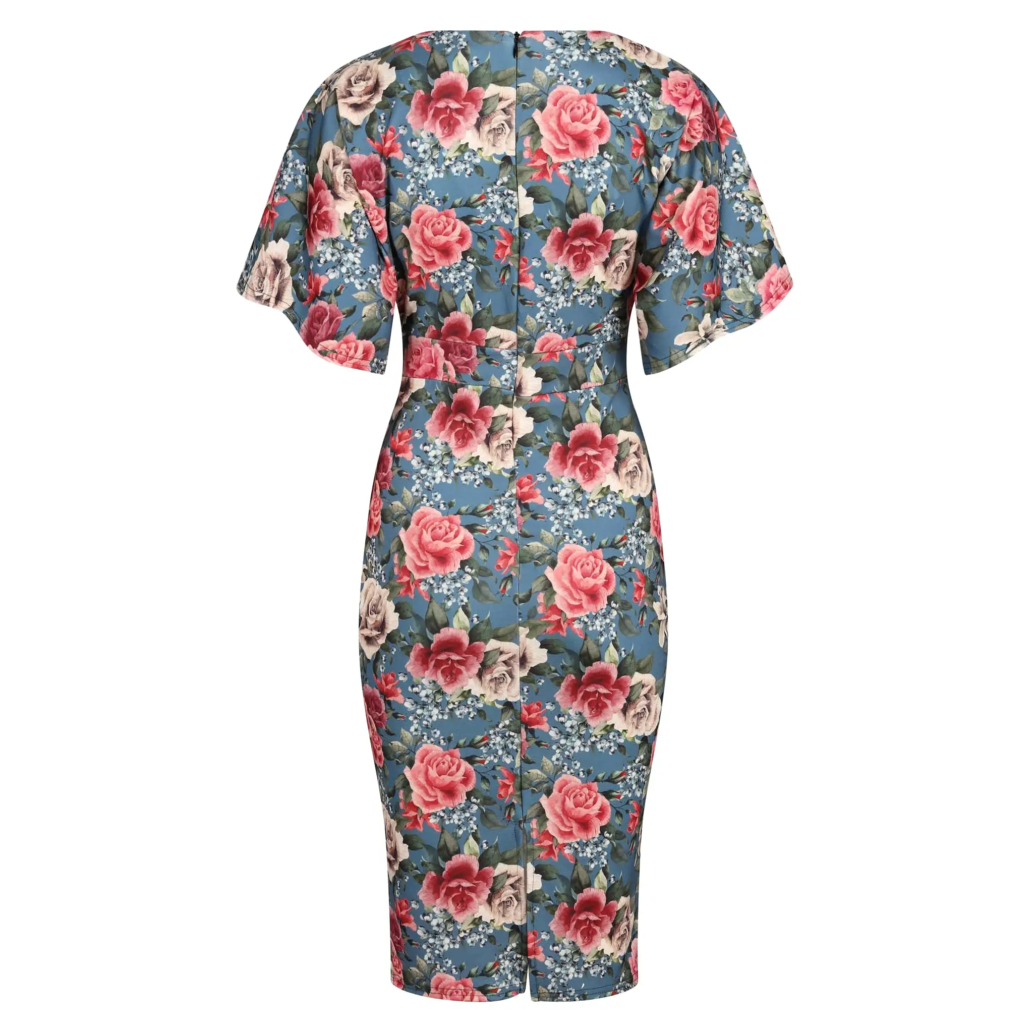 Blue and Rose Print Half Batwing Sleeve Crossover Top Pencil Dress