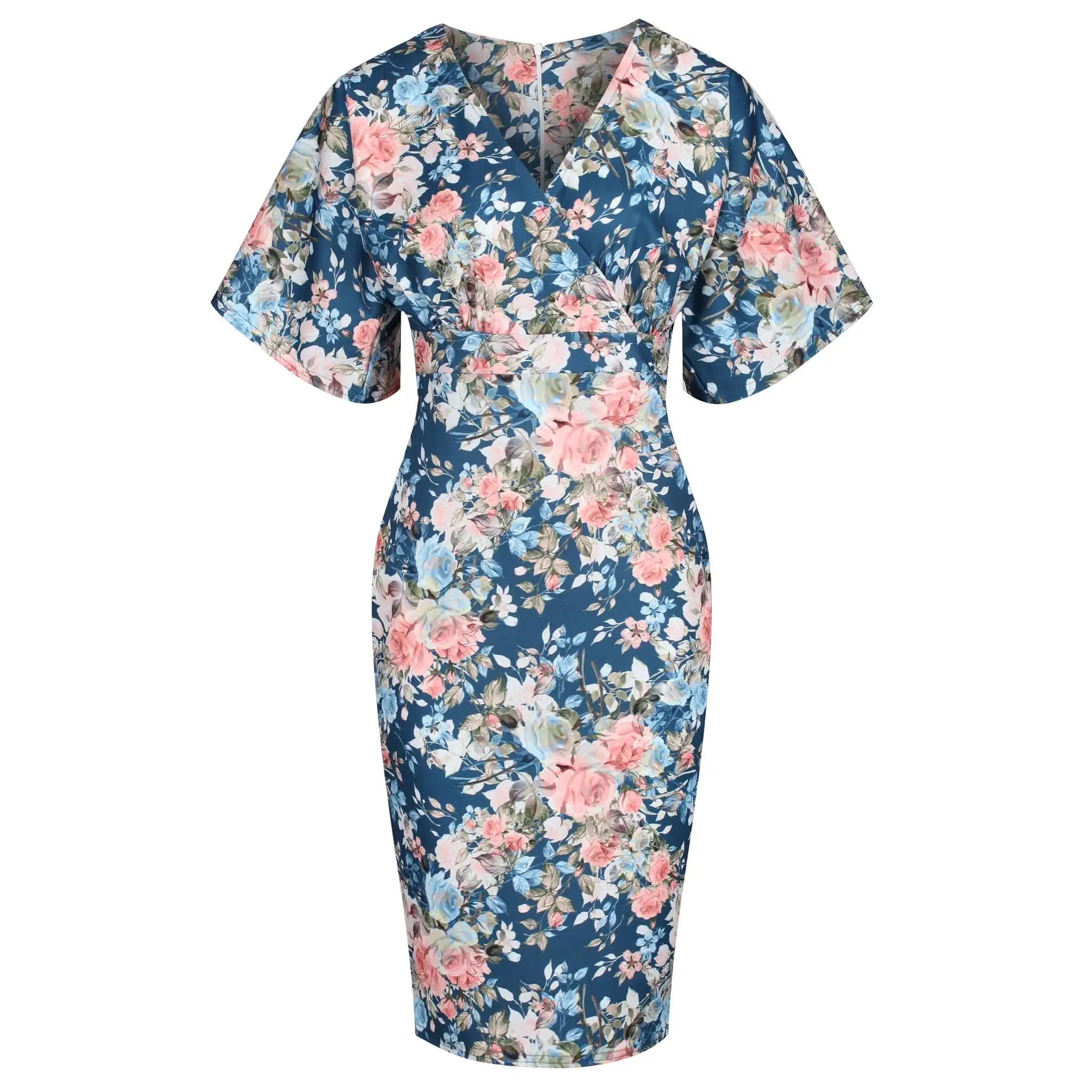 Blue Floral Half Batwing Sleeve Crossover Top Pencil Dress