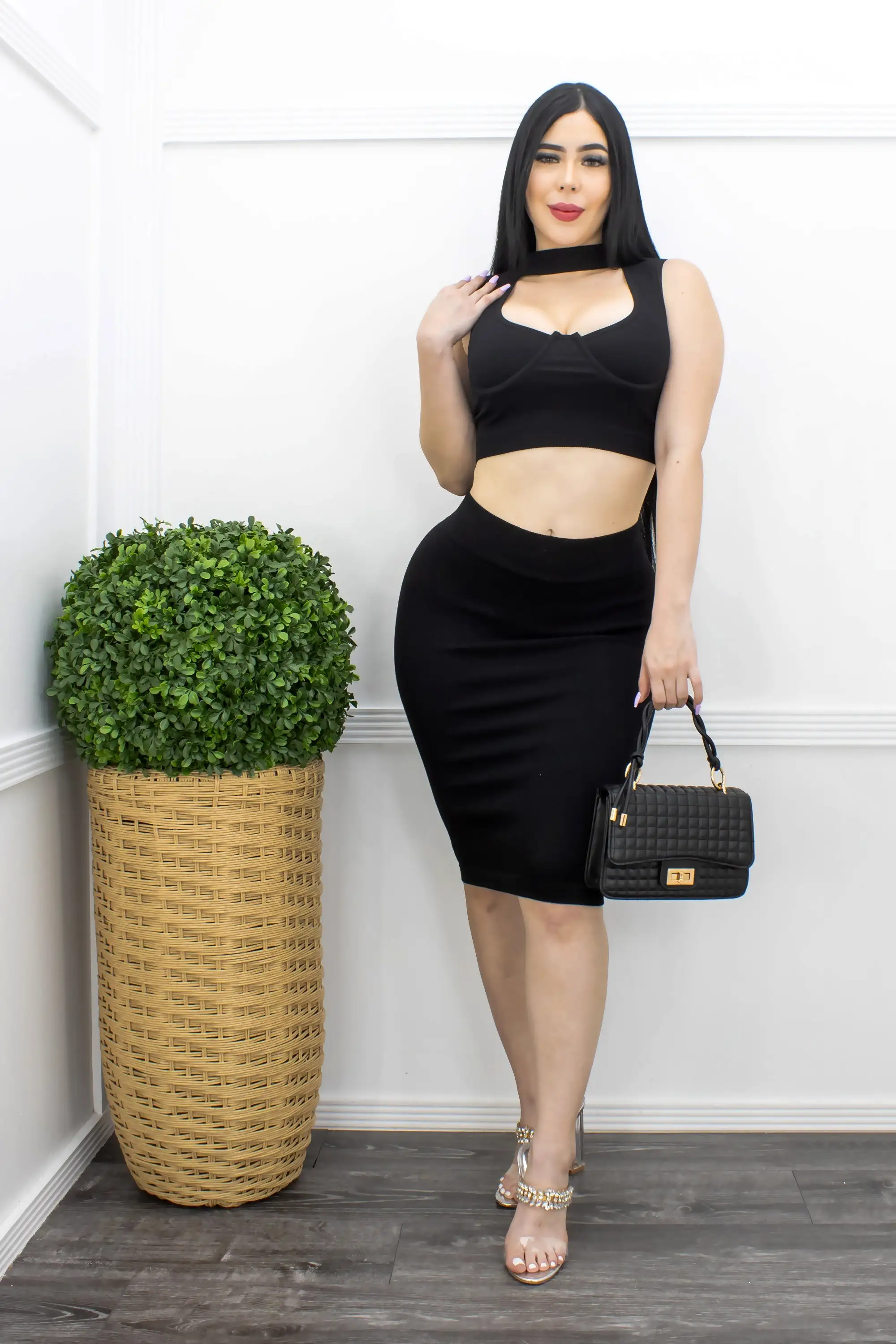 Bodycon Top Skirt Set Black Free Size