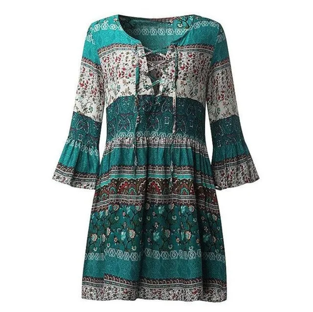 Boho Style   Women Floral Print Three Quarter Short Mini Dress Ladies Beach V Neck Bandage Vintage Dress Women #419 GS