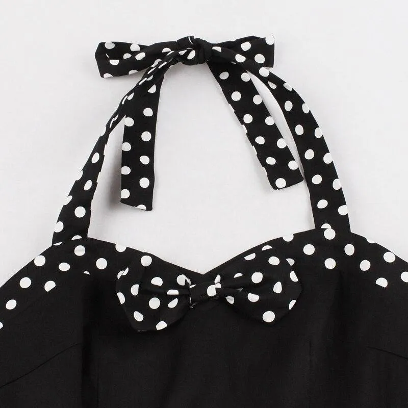 Bow Front Polka Dot Pin Up Vintage 50s Party Elegant Halter Rockabilly Dress Women Backless High Waist Pockets Ladies Dresses