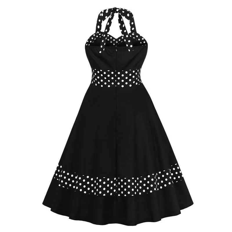 Bow Front Polka Dot Pin Up Vintage 50s Party Elegant Halter Rockabilly Dress Women Backless High Waist Pockets Ladies Dresses