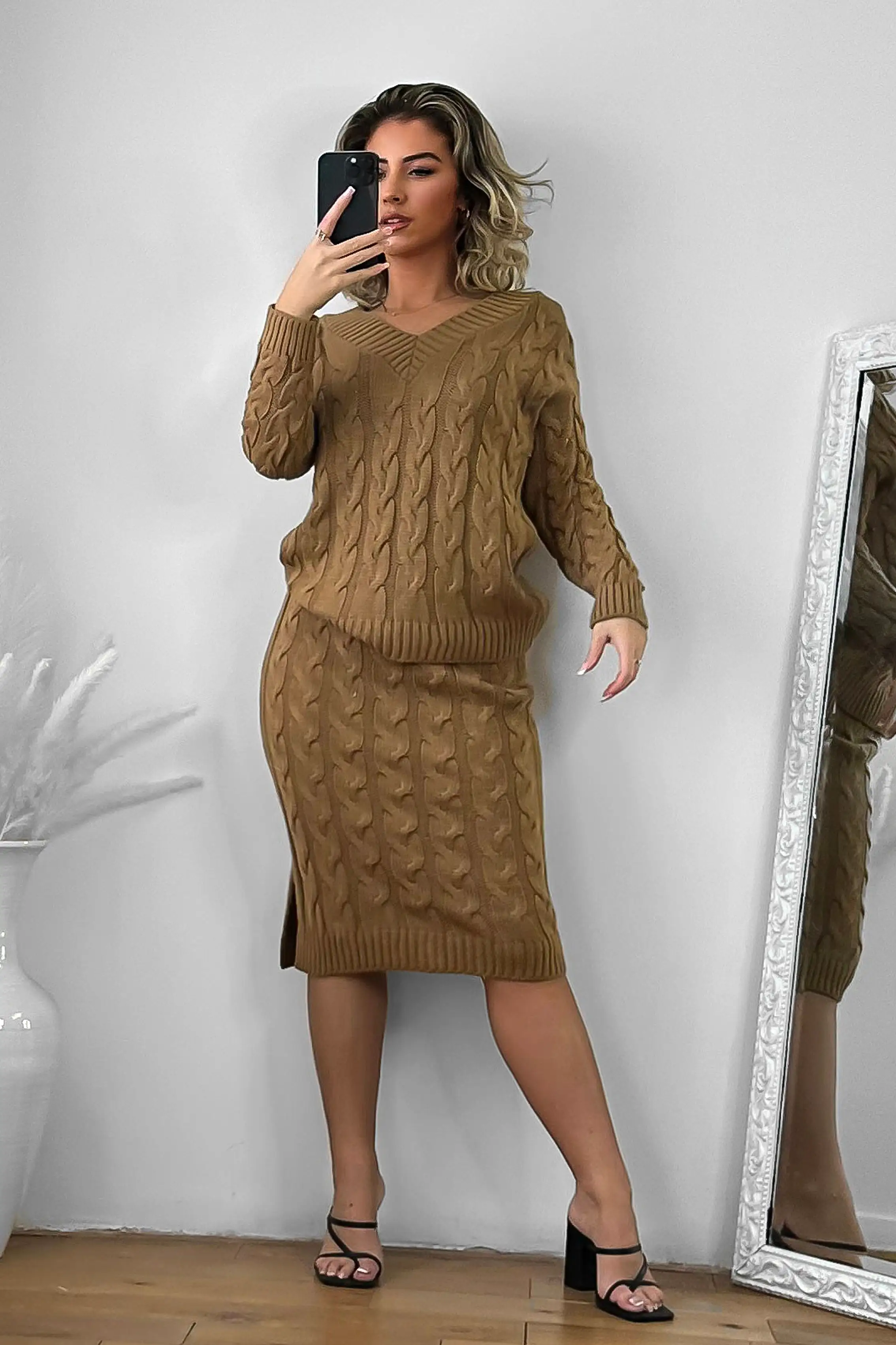 Braided Knit Skirt And Pullover Set