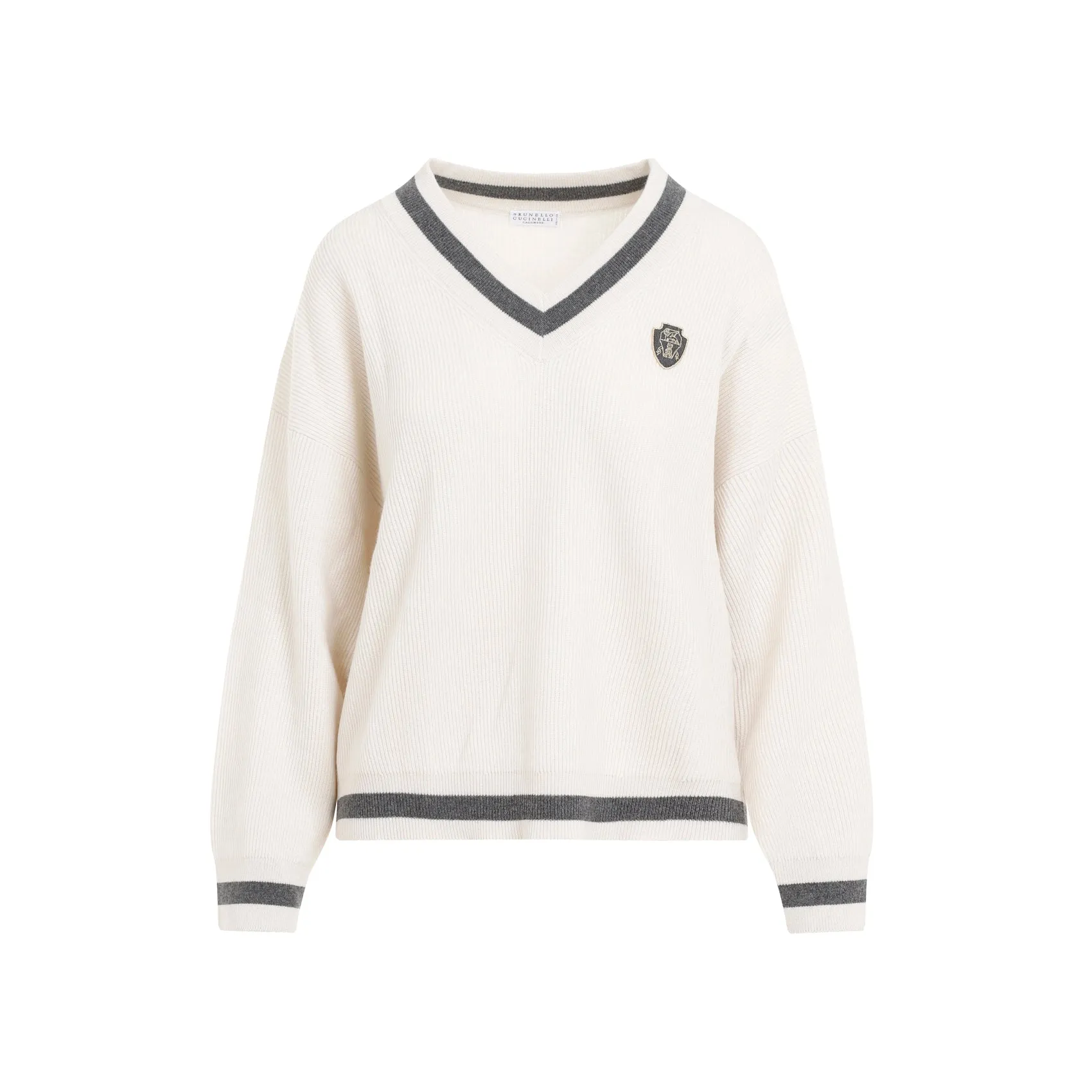 Butter Cream Cashmere V Neck College Sweater