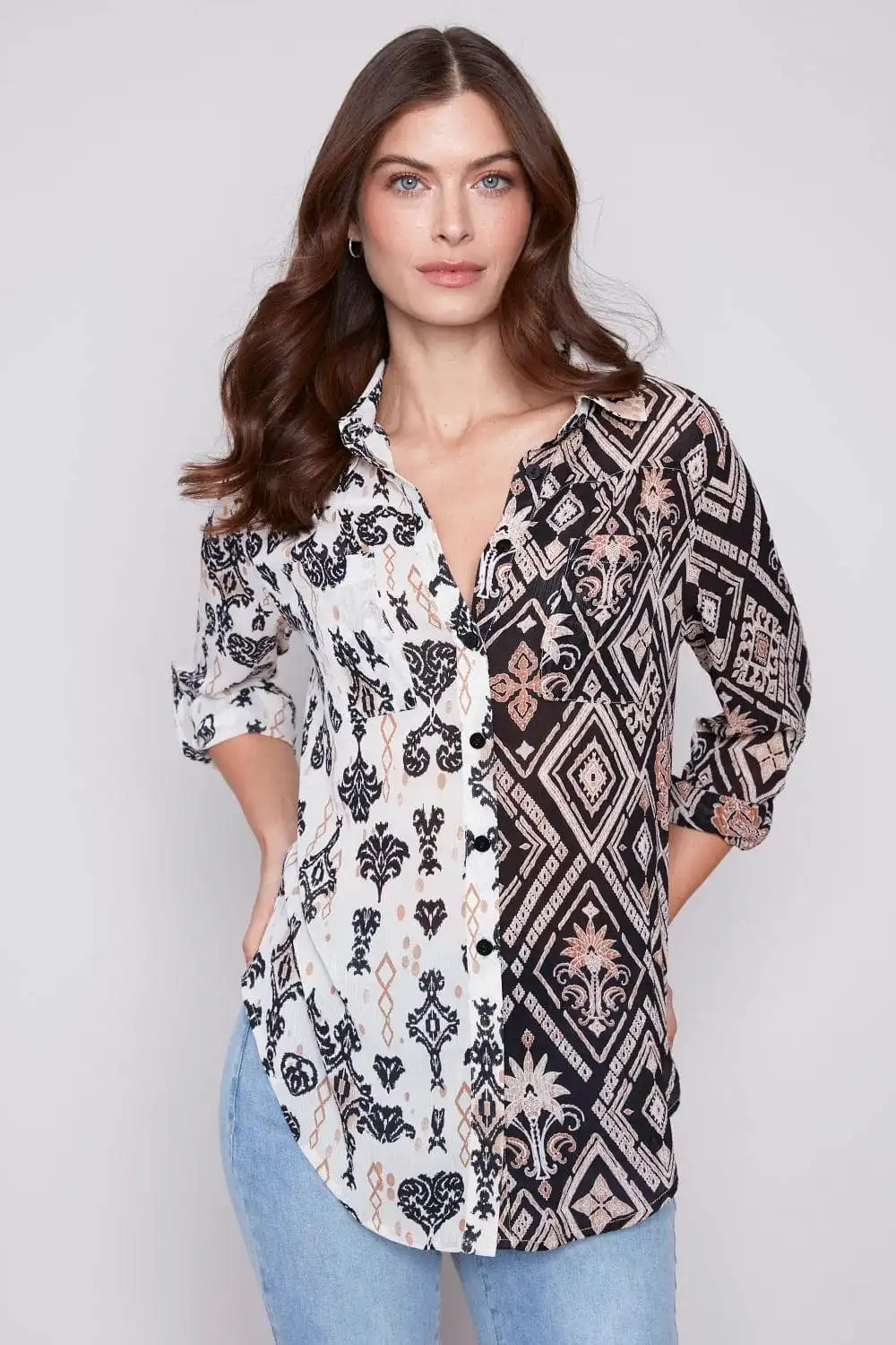 Charlie B Damask Crinkle Georgette Printed Blouse - C4308XXP 782A