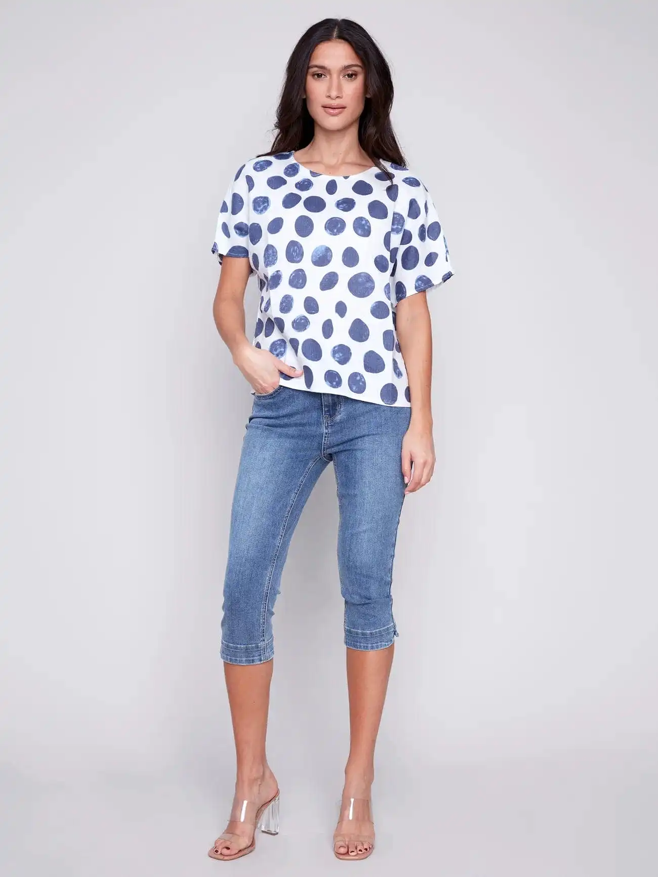 Charlie B Dots Printed Linen Dolman Sleeve Top - C4487 032B