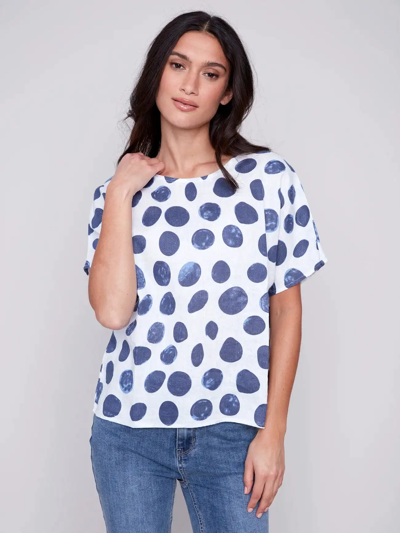 Charlie B Dots Printed Linen Dolman Sleeve Top - C4487 032B