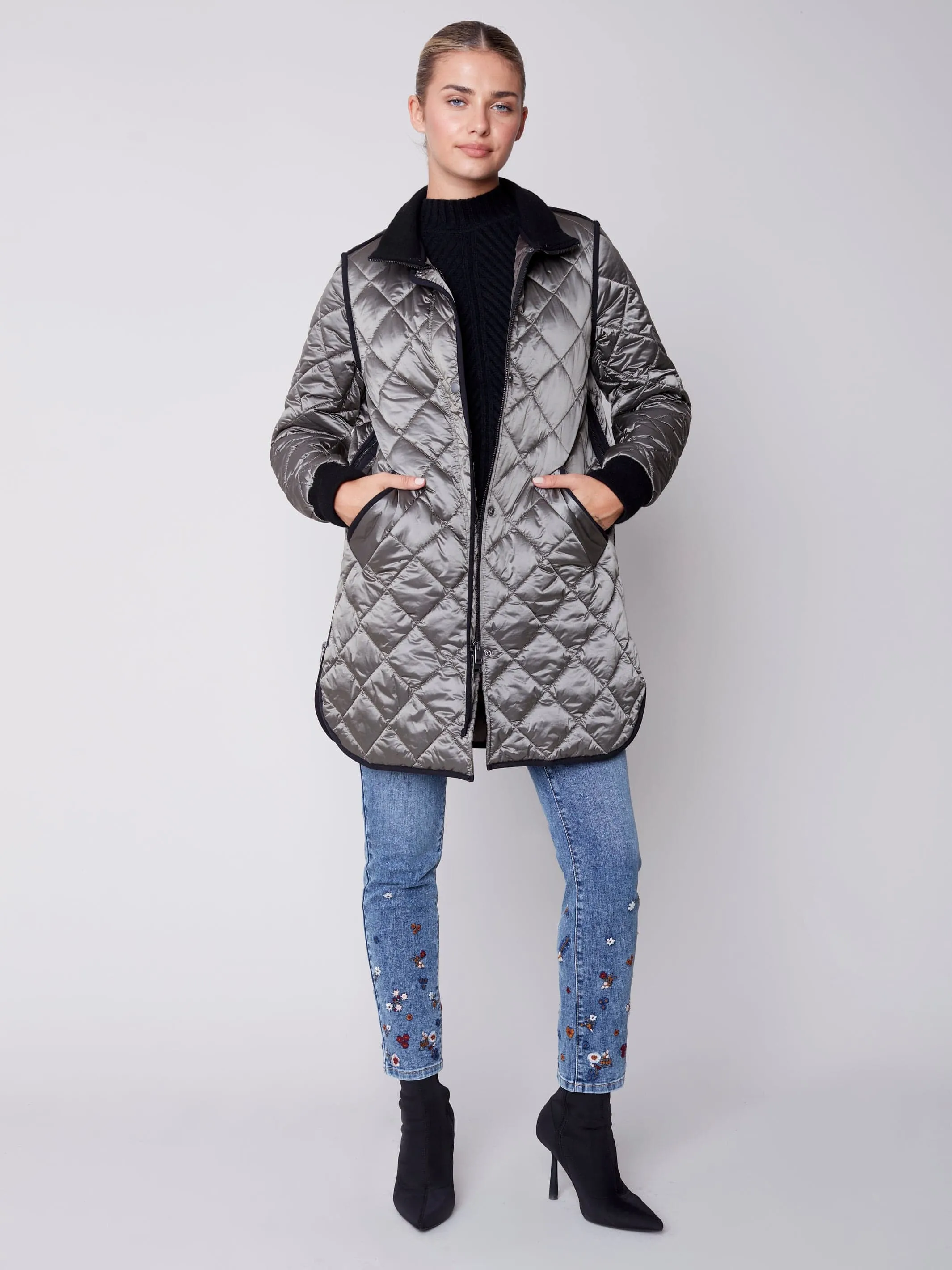 Charlie B Long Quilted Pleather Jacket - C6253