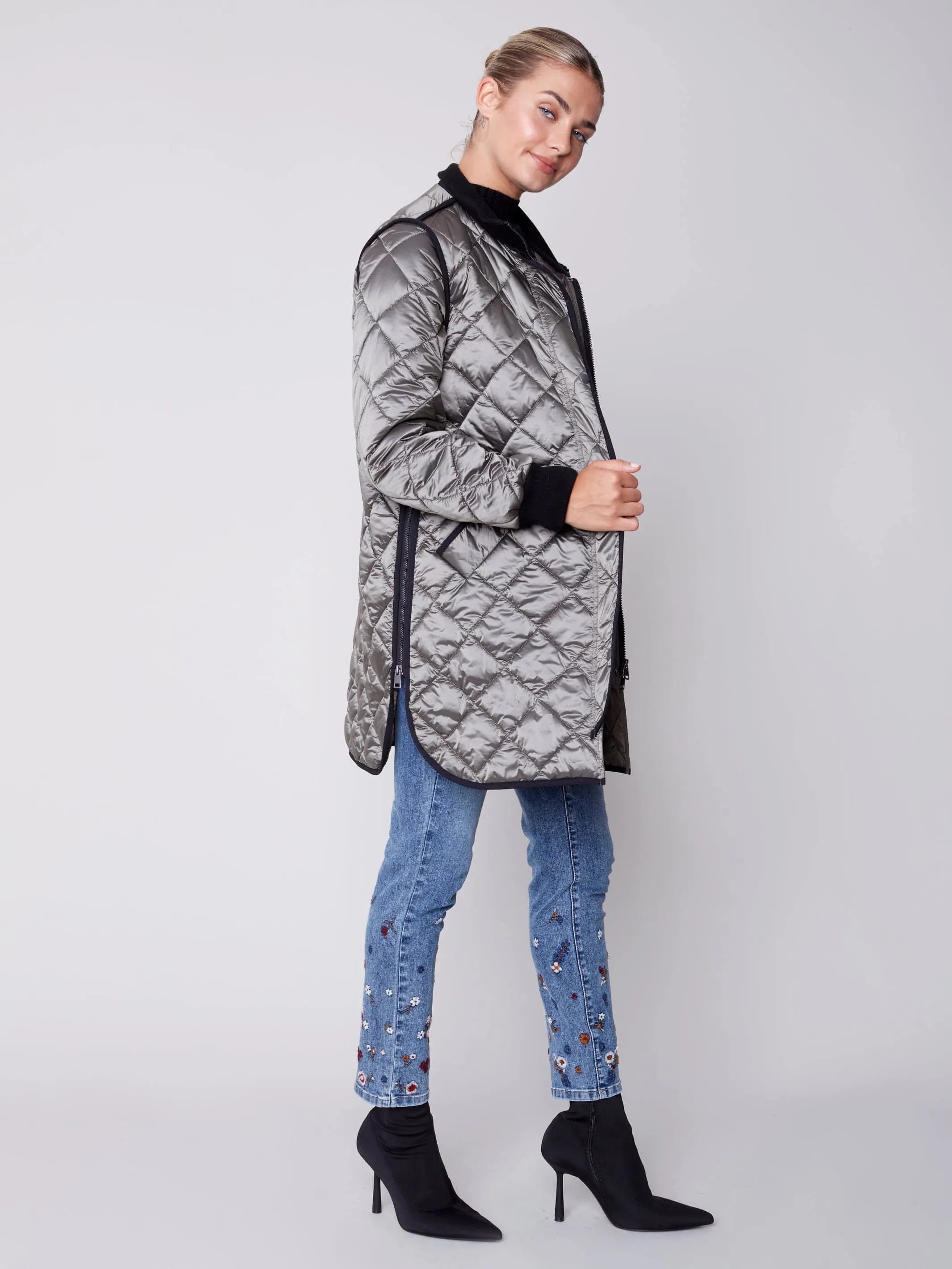 Charlie B Long Quilted Pleather Jacket - C6253