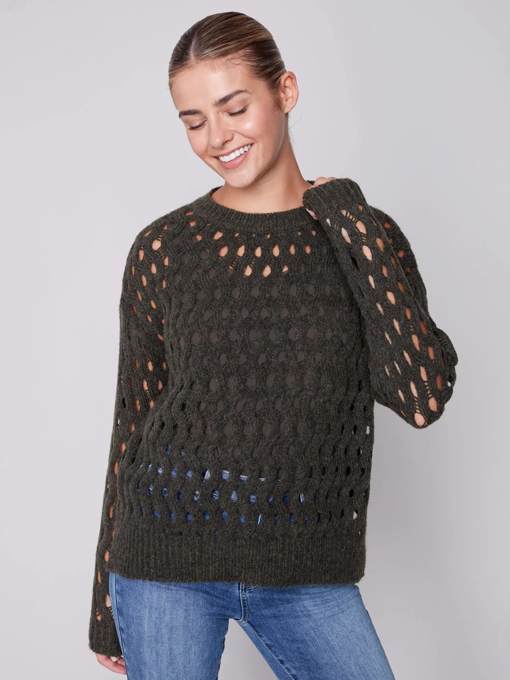 Charlie B Plushy Wavy Net Stitch Sweater -C2541