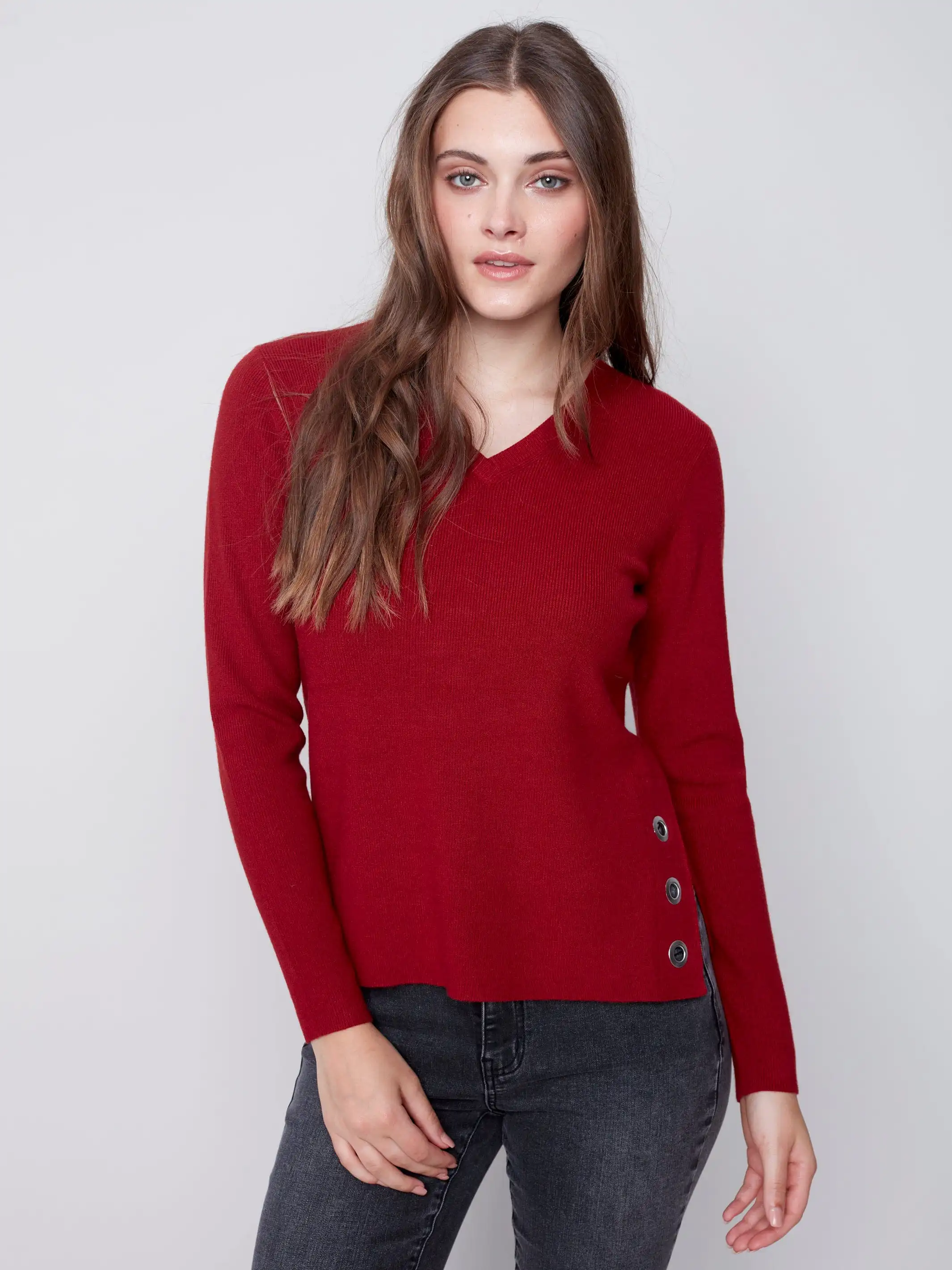 Charlie B Round Plushy Knit V-Neck Ruby - C2569