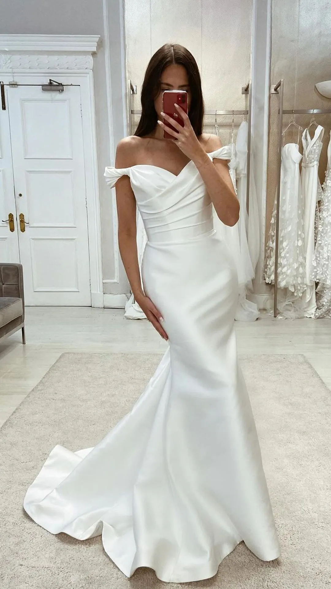 Chic Satin Trumpet Off-Shoulder Ruched With Train Beach Wedding Dess QW8118