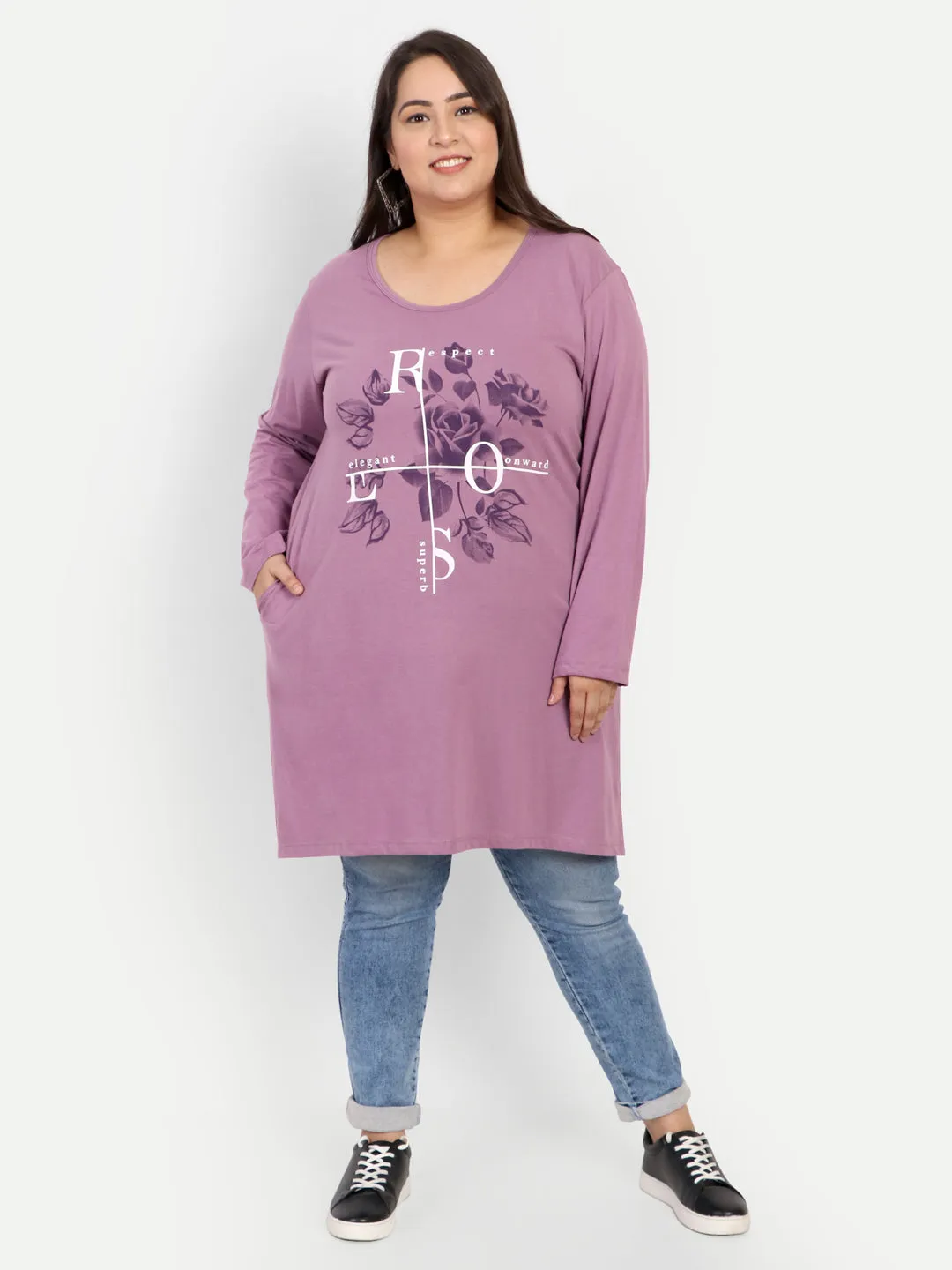 Cotton Long Top for Women Plus Size - Full Sleeve - Lavender