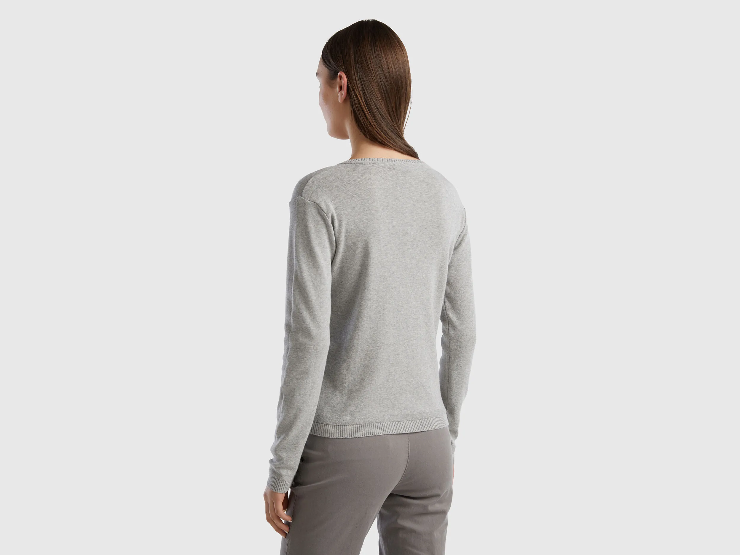 Crew neck cardigan in pure cotton - Light Gray | Benetton