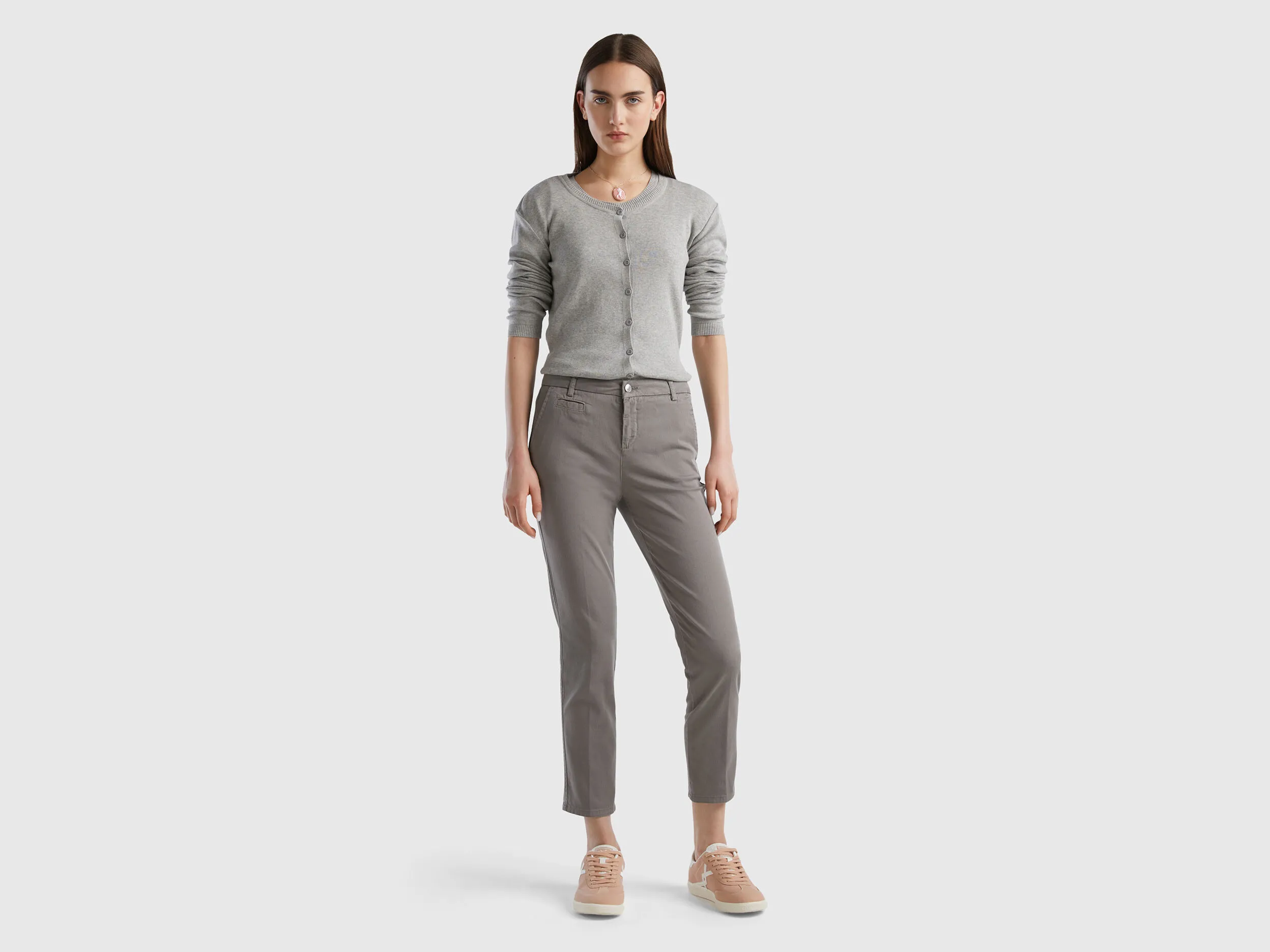 Crew neck cardigan in pure cotton - Light Gray | Benetton