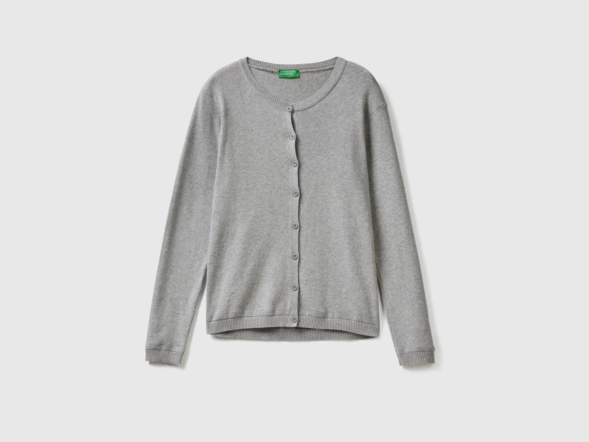 Crew neck cardigan in pure cotton - Light Gray | Benetton