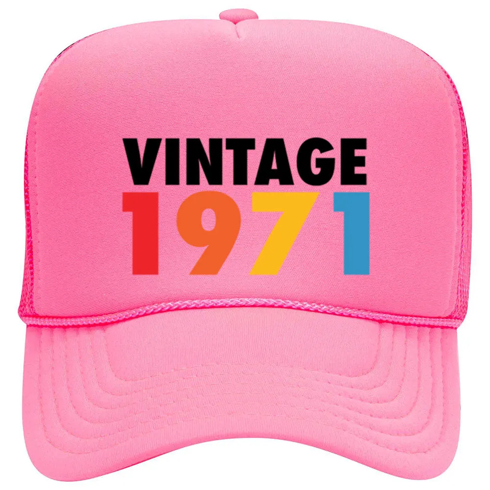 Customize Birth Year Birthday Retro Vintage Neon 5 Panel High Crown Foam Mesh Back Trucker Hat - For Men and Women