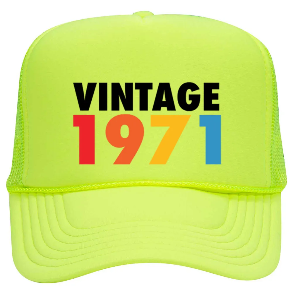 Customize Birth Year Birthday Retro Vintage Neon 5 Panel High Crown Foam Mesh Back Trucker Hat - For Men and Women