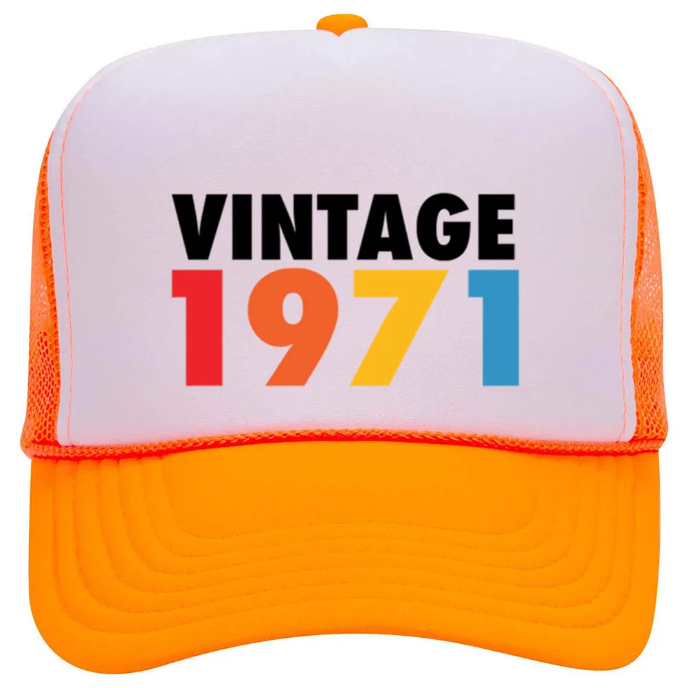 Customize Birth Year Birthday Retro Vintage Neon 5 Panel High Crown Foam Mesh Back Trucker Hat - For Men and Women