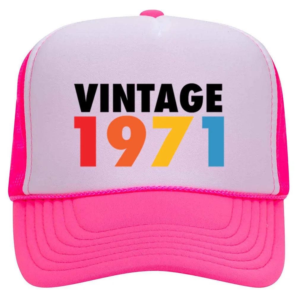 Customize Birth Year Birthday Retro Vintage Neon 5 Panel High Crown Foam Mesh Back Trucker Hat - For Men and Women