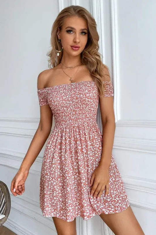 Ditsy Floral Off Shoulder Shirred Dress