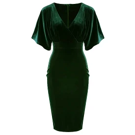 Emerald Green Velour Half Batwing Sleeve Crossover Top Wiggle Dress