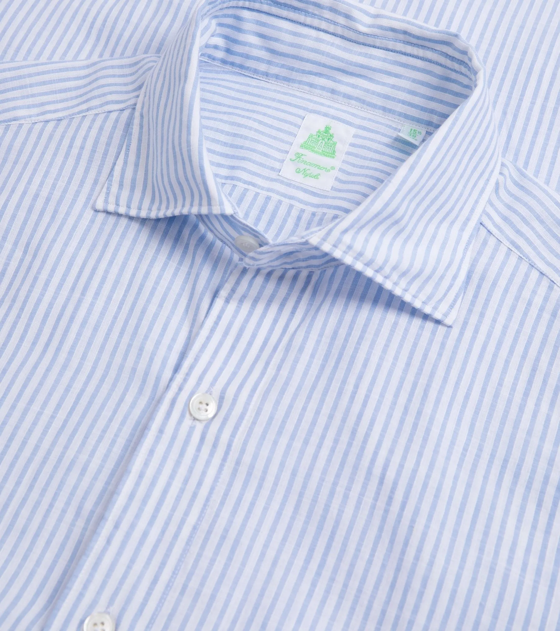 Finamore Gaeta Cotton Linen Stripe Luigi Sport Shirt: Pale Blue/White