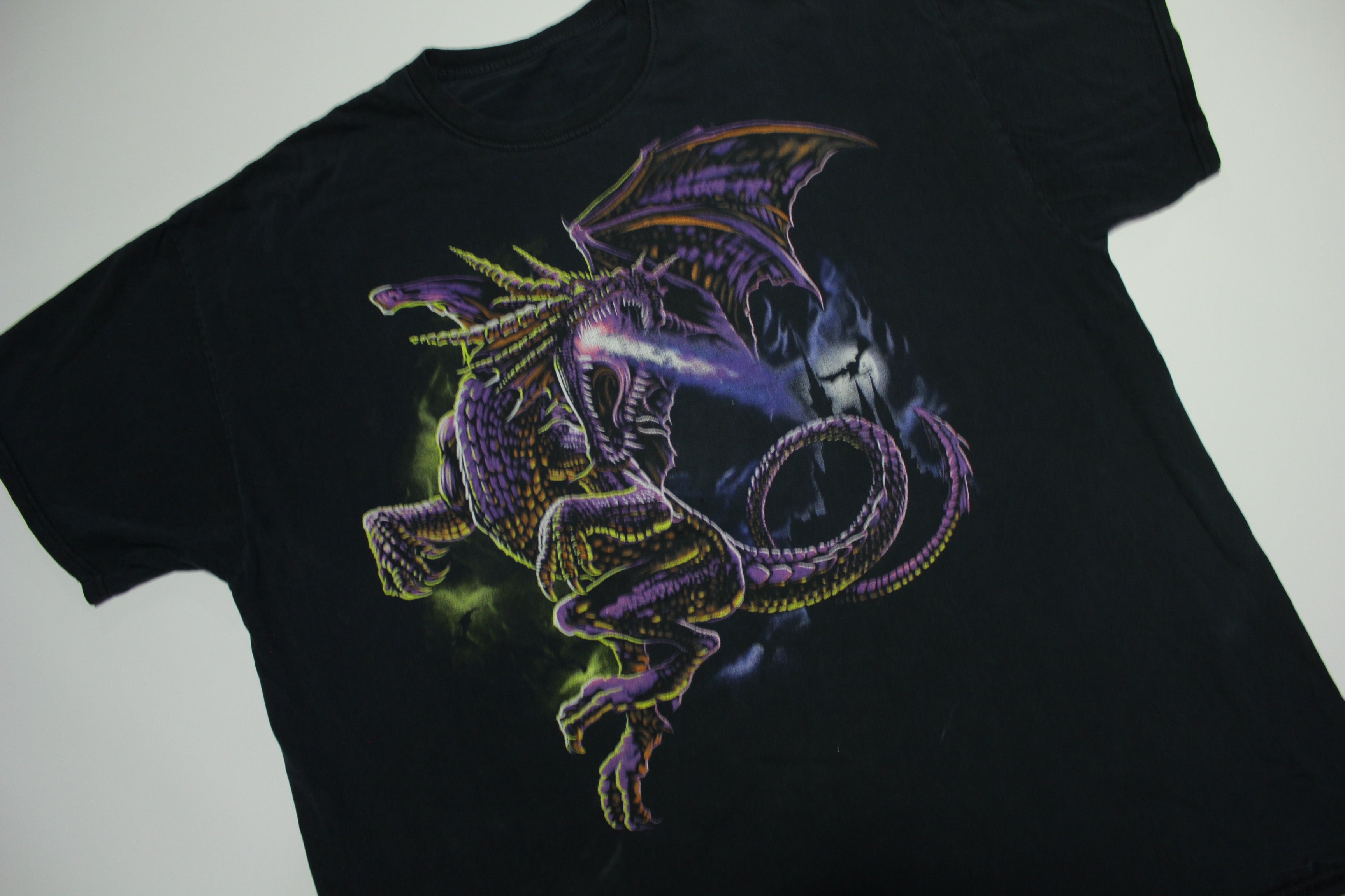 Fire Breathing Dragon Purple Castle and Bats Vintage Y2K T-Shirt