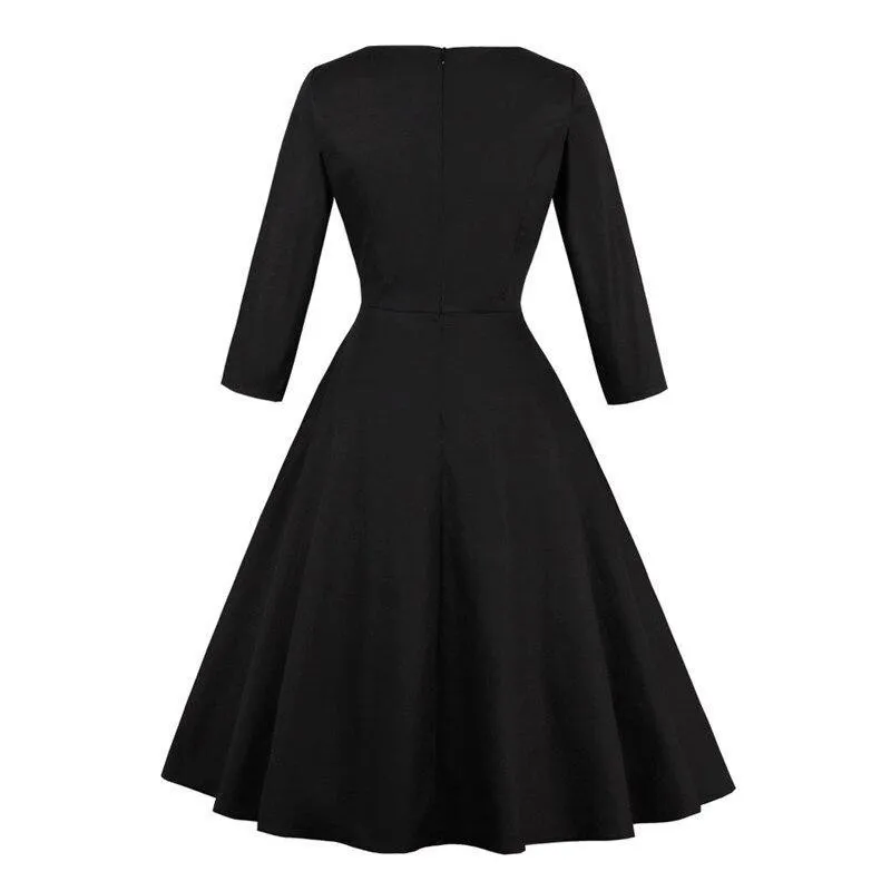 Flamingo Embroidered Vintage Women Black Retro Autumn Cotton Flare Dress