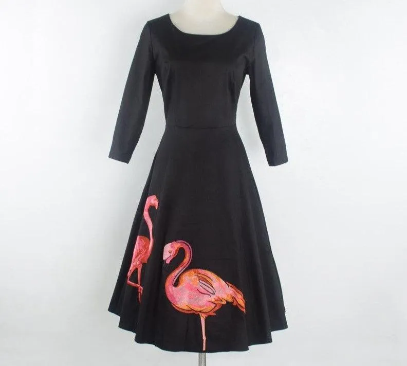 Flamingo Embroidered Vintage Women Black Retro Autumn Cotton Flare Dress