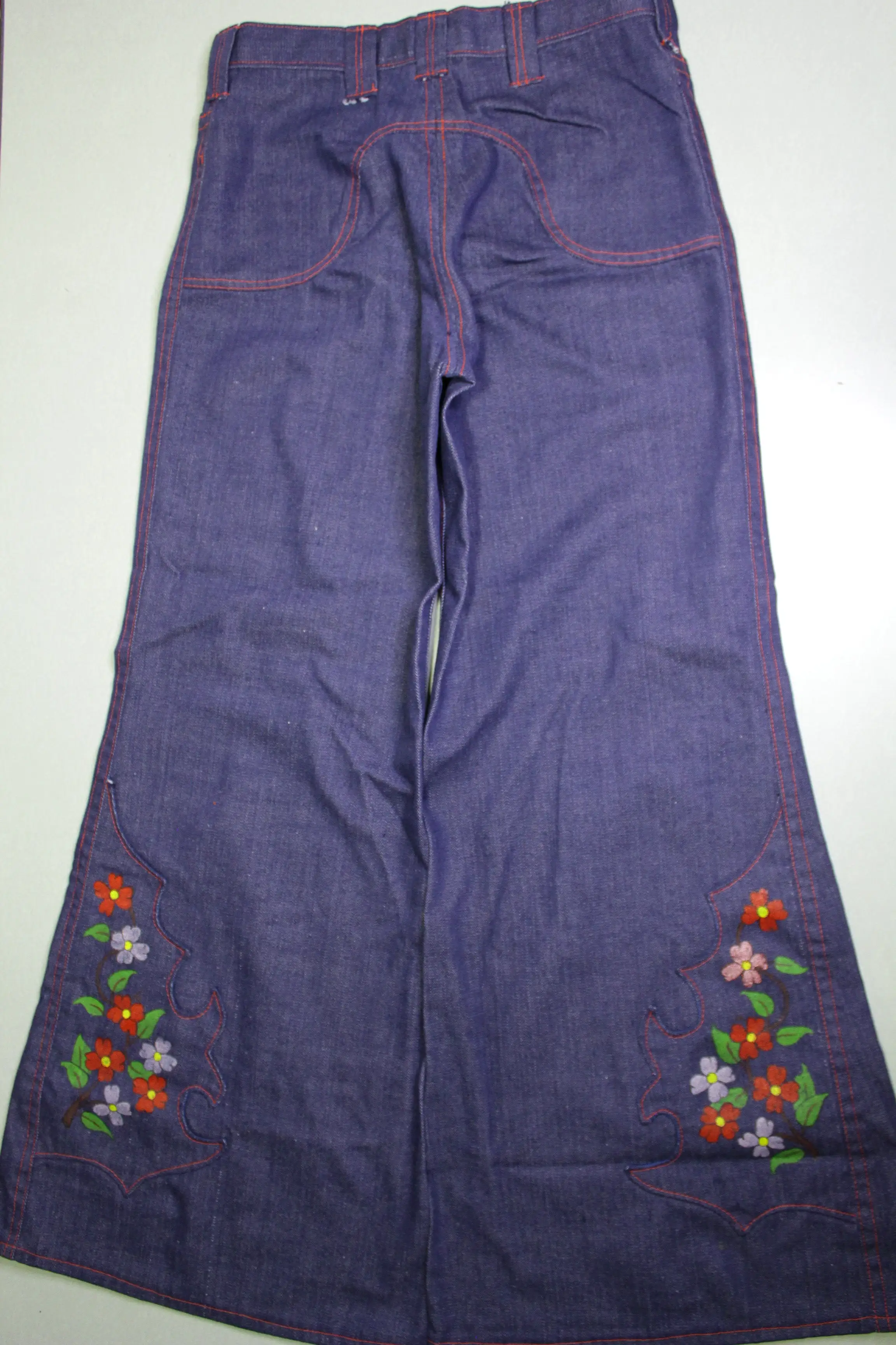 Flower Power Stenciled Home Made Vintage 1970's Denim Bell Bottom Jeans