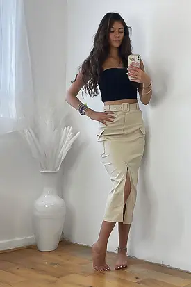 Front Split Midi Belted Cargo Skirt