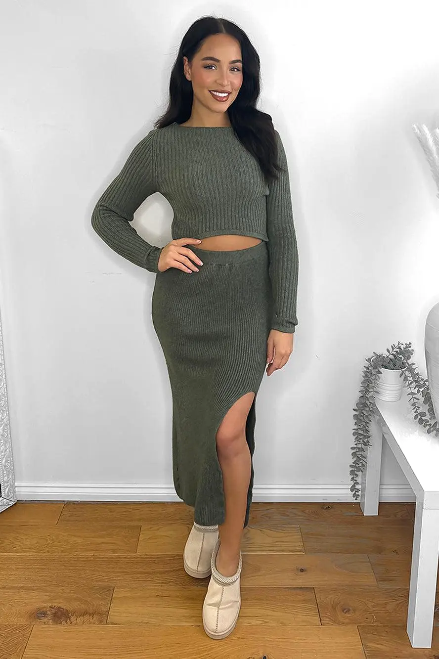 Front Split Skirt And Pullover Knitted Set