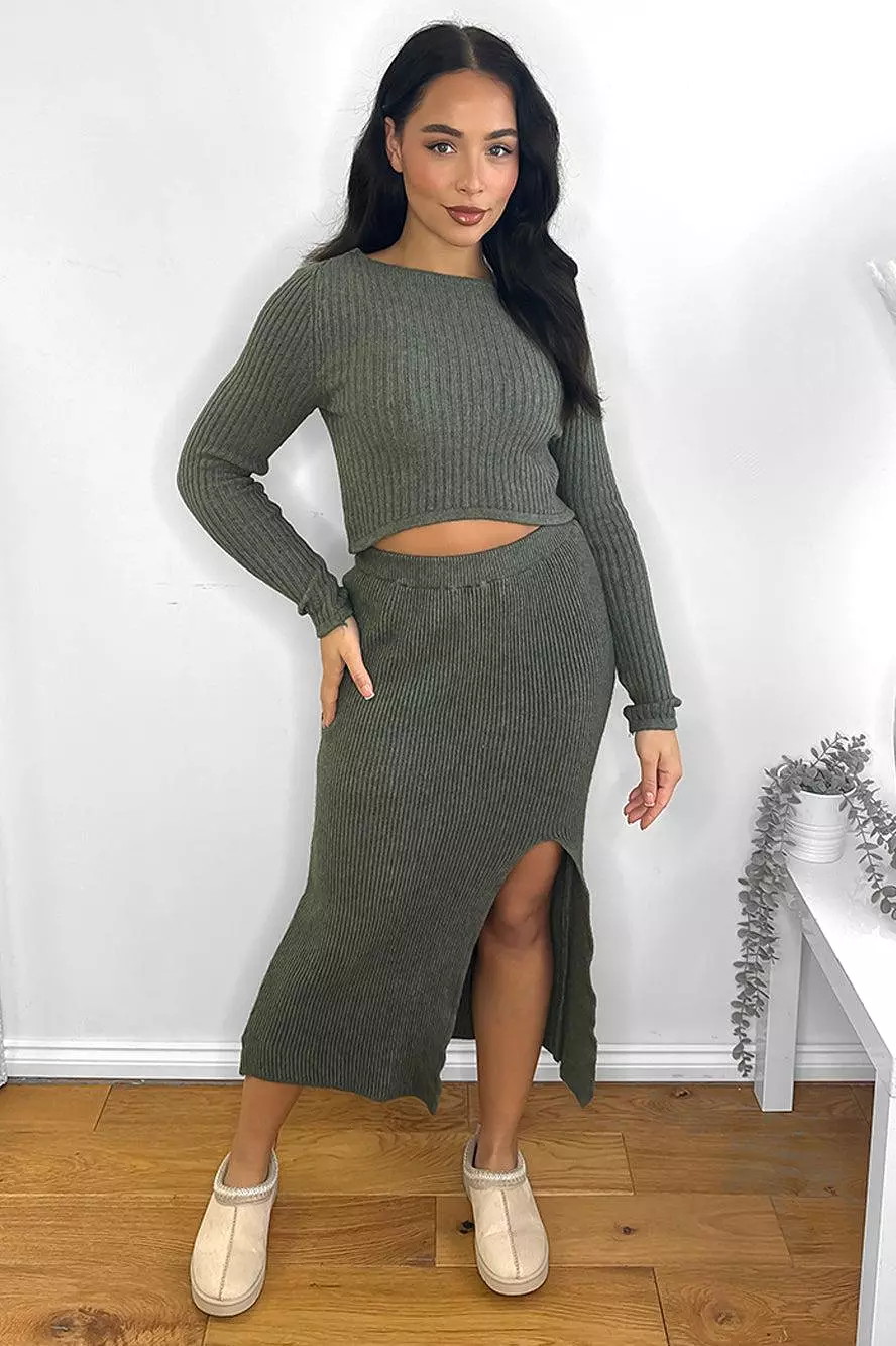 Front Split Skirt And Pullover Knitted Set