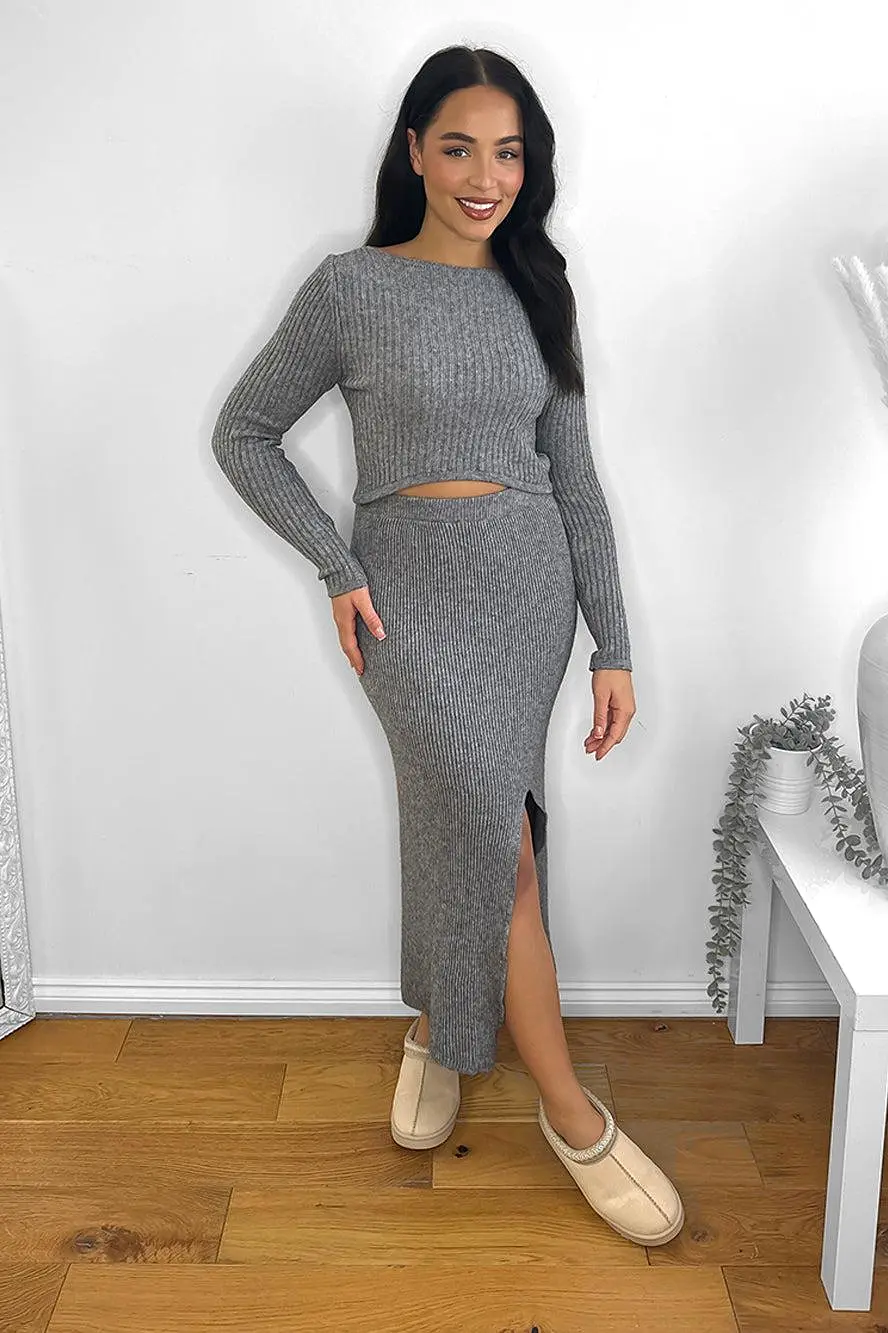 Front Split Skirt And Pullover Knitted Set