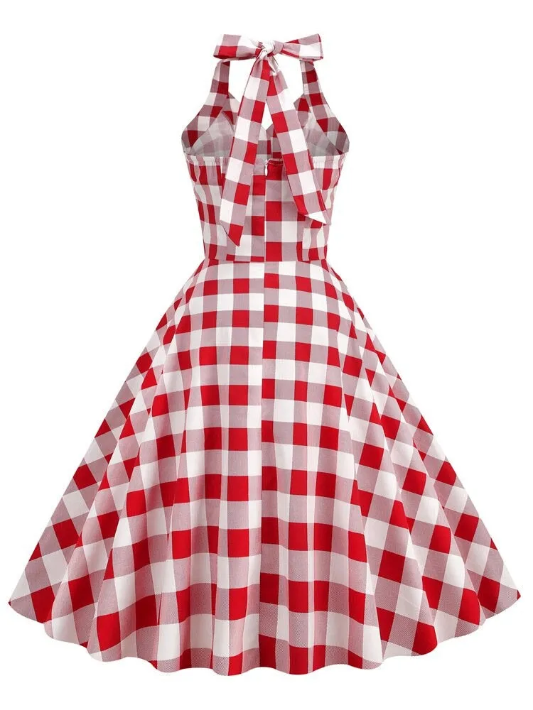 Gingham 50s Style Red Plaid Rockabilly Vintage Women Button Front Halter Party Elegant Backless Dress