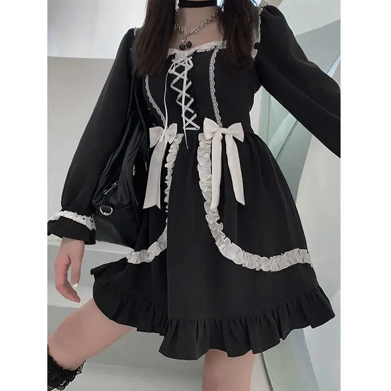 Goth Punk Style Bandage Black Puff Sleeve Dress