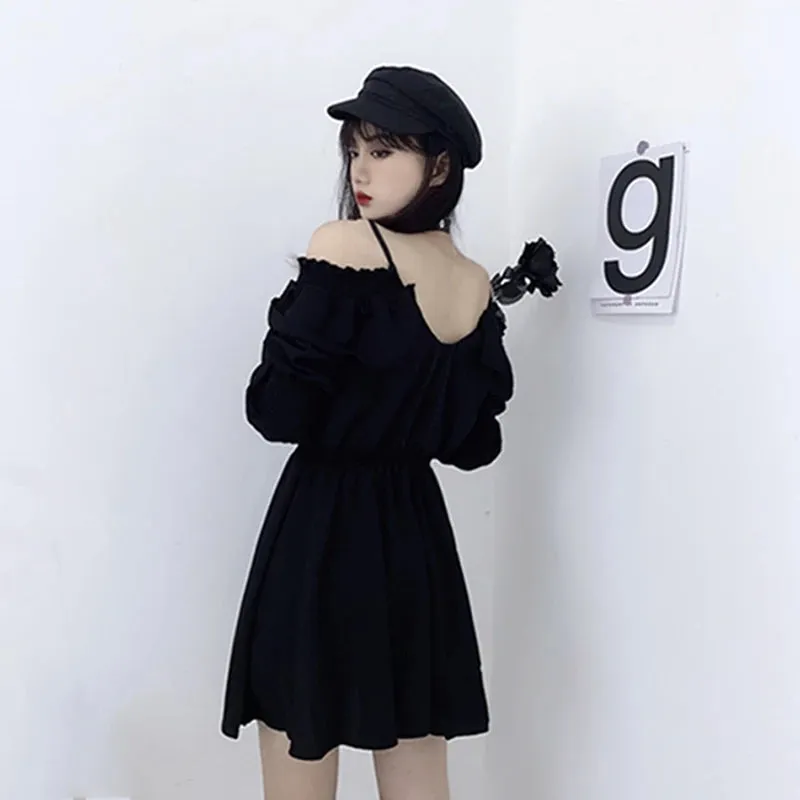 Goth Punk Style Bandage Black Puff Sleeve Dress