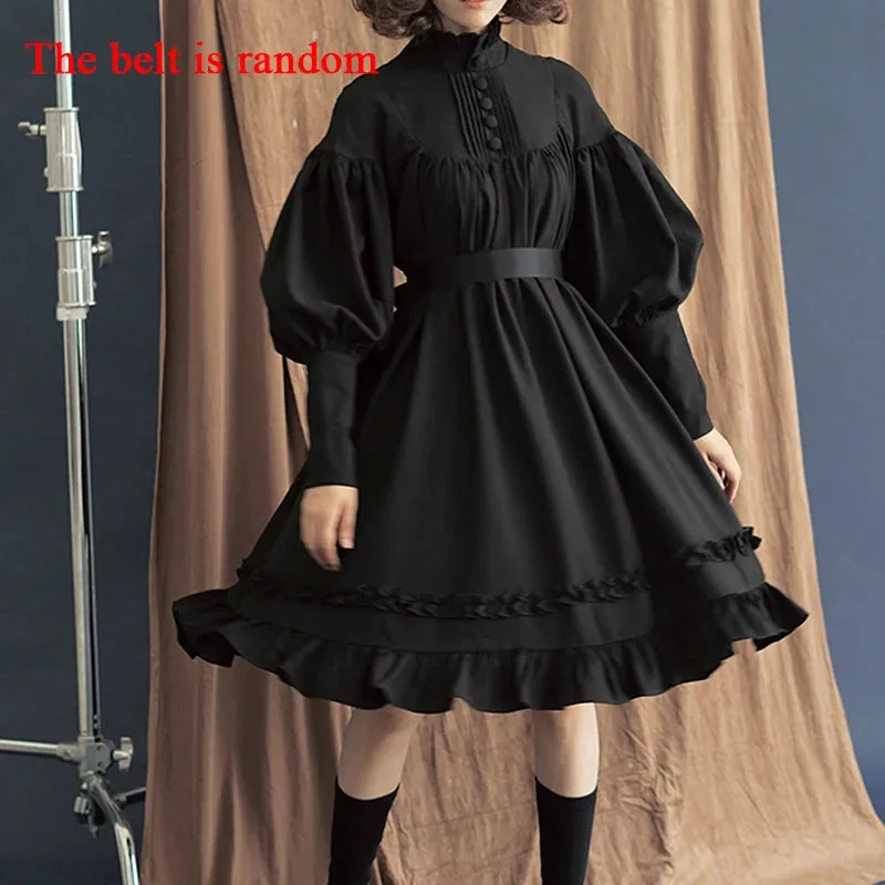 Goth Punk Style Bandage Black Puff Sleeve Dress