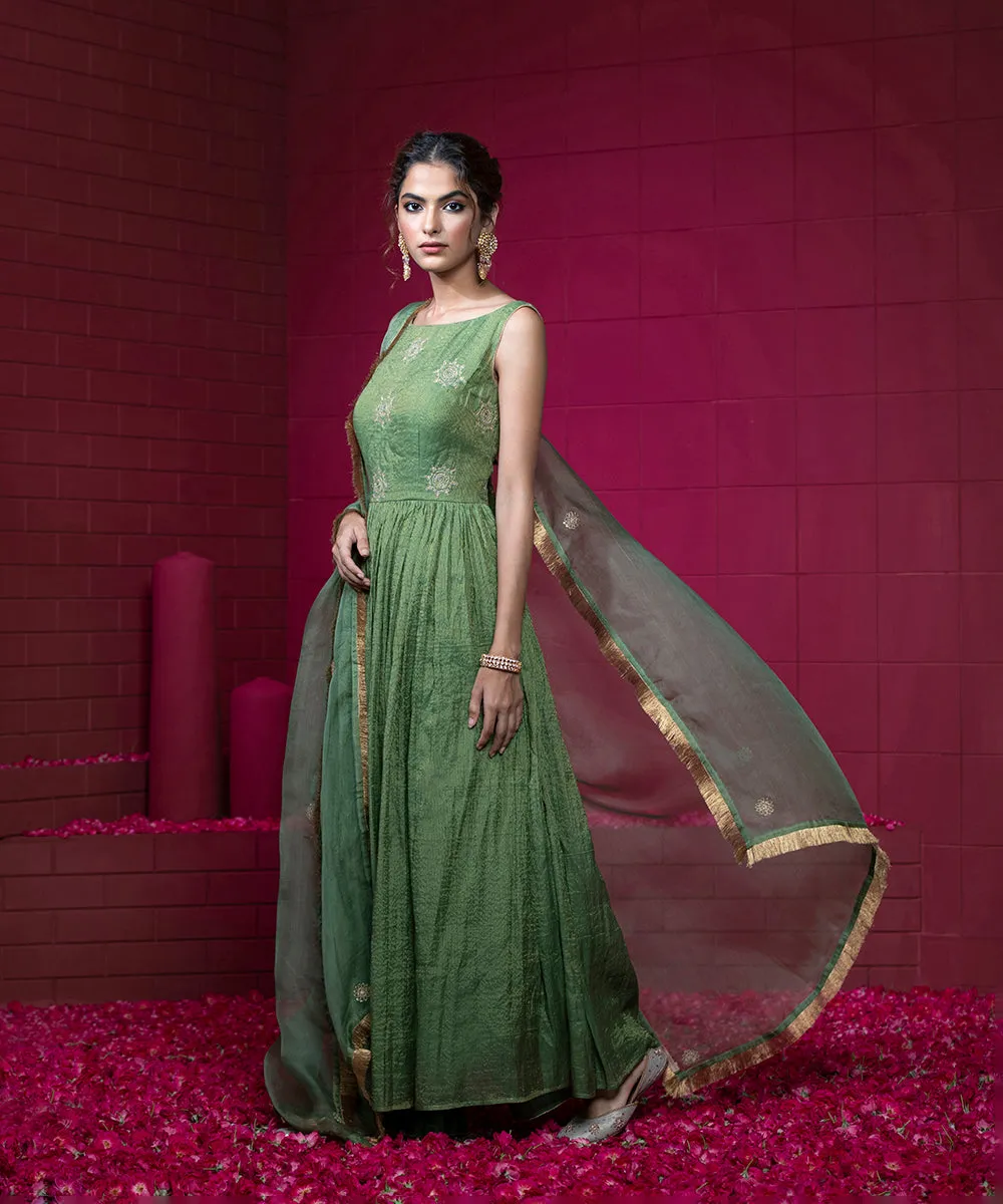 Green Handloom Embroidered Anarkali Kurta in Tissue Chanderi with Organza Dupatta and Wide Pants