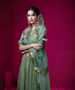 Green Handloom Embroidered Anarkali Kurta in Tissue Chanderi with Organza Dupatta and Wide Pants